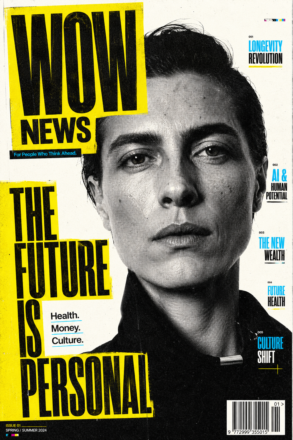 WOW News Media cover artwork featuring a portrait with bold typographic overlays in fluorescent yellow, cyan and black print-inspired textures